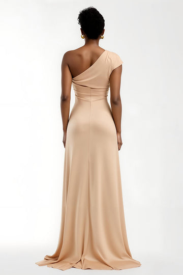 Champagne One Shoulder Sheath Long Bridesmaid Dress With Sleeves